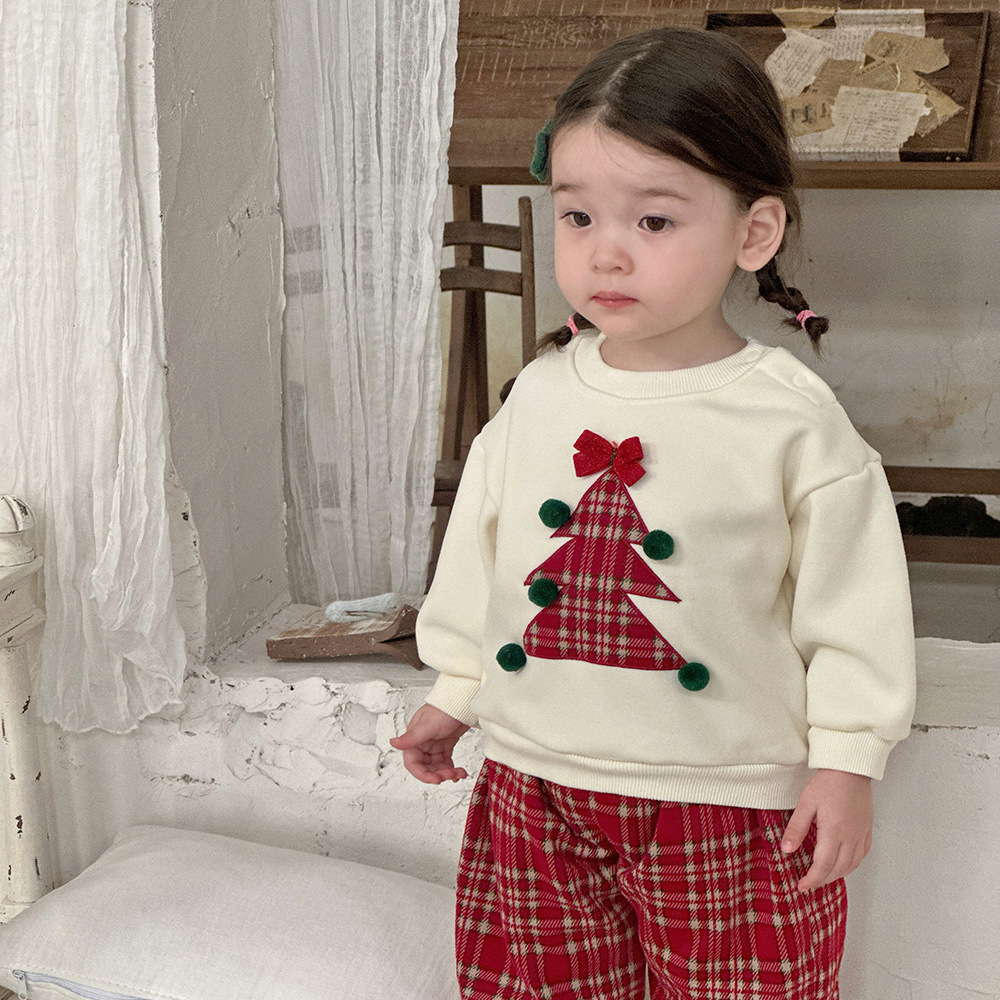 Ropa para niños coreanos, niñas, traje rojo navideño, otoño e invierno, suéter y pantalón de dos piezas para bebés de 1 a 3 años