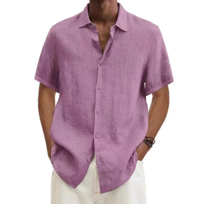 2025 Independent Station wish Amazon Explosions Summer V-Neck Button Cotton Linen Solid Color Men's Trendy Shirt Shirt Men