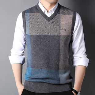 Fashion 100 Pure Wool Sweater Vest Men's Vest 2024 Autumn and Winter New Large Plaid Sleeveless Sweater Men's Waistcoat