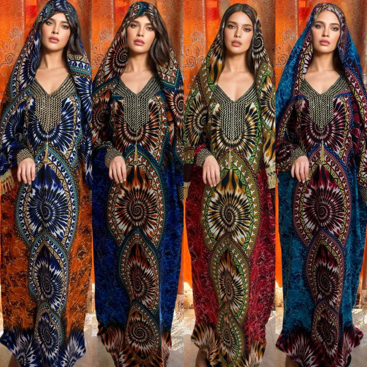 Ah8883 #   New Style Loose-Fitting Long-Sleeved Robe with Rhinestones and Tassels, Made of Rayon with Double-Sided Printing.