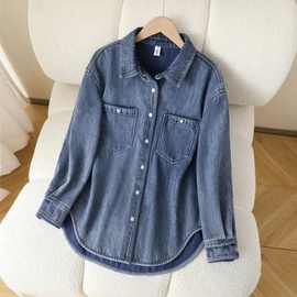 加绒牛仔衬衫女秋冬百搭设计感休闲叠穿上衣宽松保暖衬衣加厚外套