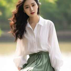 D2466女装盐系轻熟高级感小香风白色衬衫绿色半身裙两件套装秋