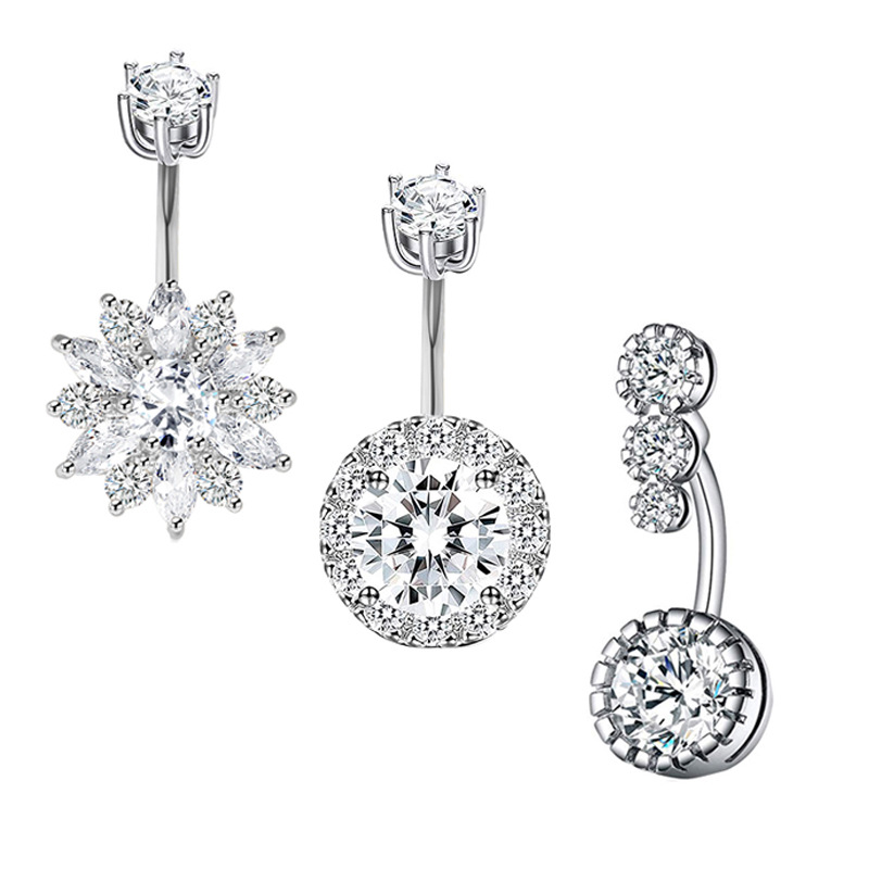 Exquisite AB Color Navel Zircon Ring Soft Pot Ball Belly Ring 3-Piece Set Stainless Steel detail image 9