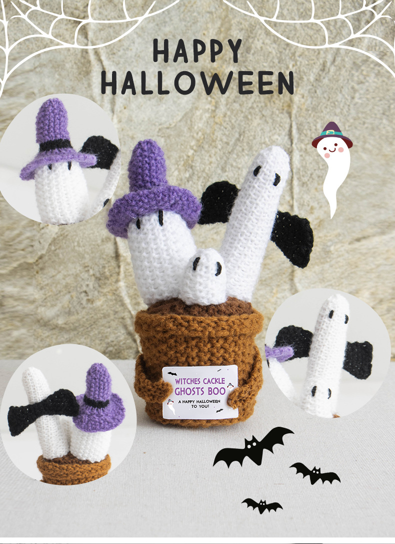 Halloween cross-border new funny expression dolls, positive energy woolen knitted ghost ornaments, potted plant card dolls pic 4