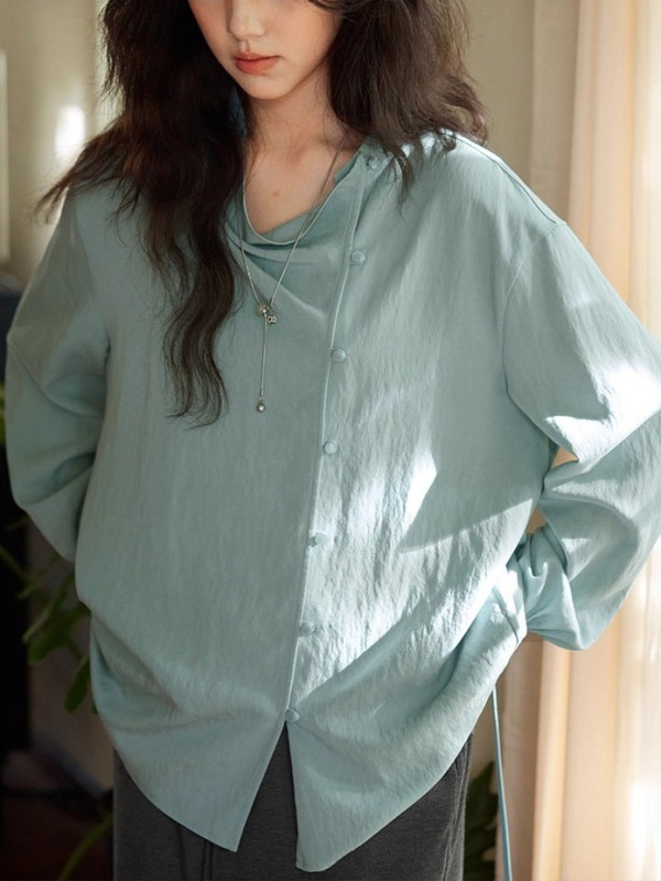 soljghter法式莱赛尔荡领衬衫女秋季收腰长袖上衣|undefined
