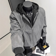 美式复古棒球服皮衣男士春秋季潮宽松情侣连帽纹理夹克假两件外套