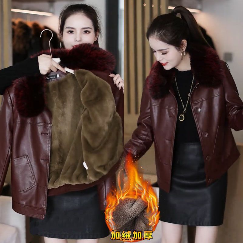 Off-Season Price Haining Soft Leather Jacket for Women 2025 Autumn and Winter New Style Foreign Style Age-Reducing Fleece-Lined Thickeneded Short Jacket for Small People