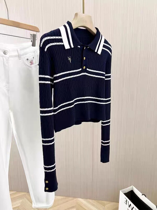 韩系绝美名媛风白色条纹V领长袖针织衫女秋季款好看轻熟小衫|undefined