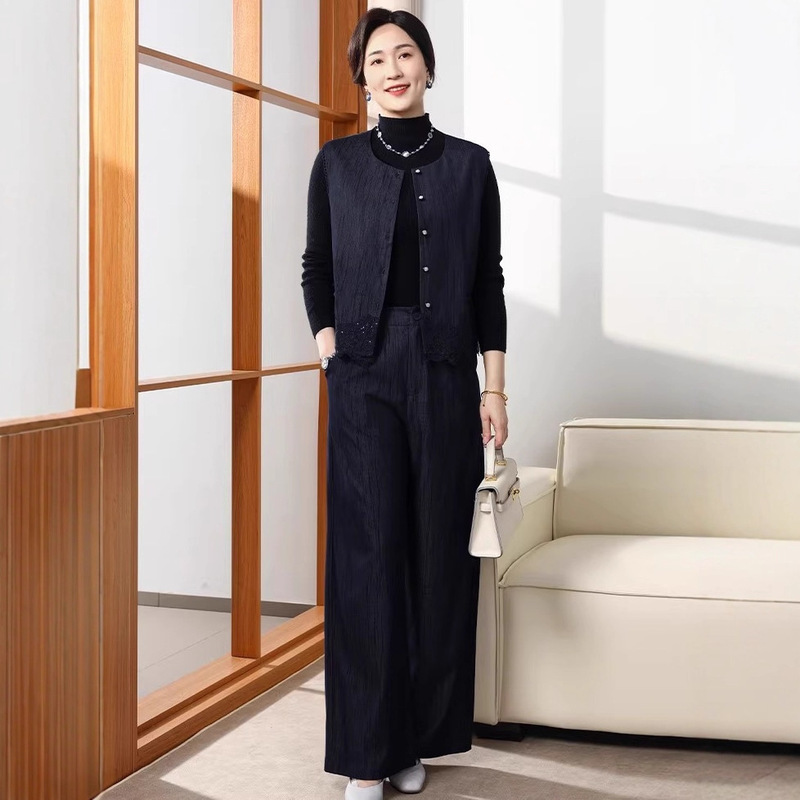 2025秋季妈妈印花拼接长裤复古时尚中老年女装马甲外套气质三件套|undefined
