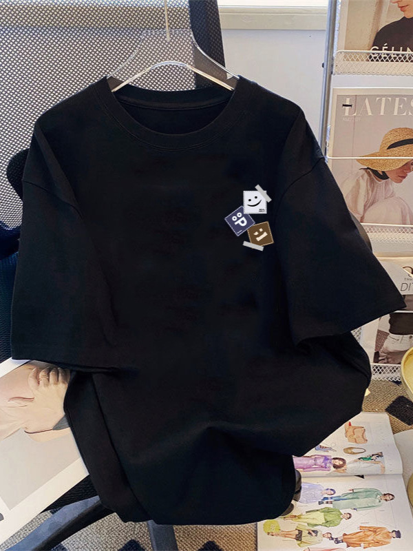 Camiseta de estilo de Hong Kong de seda de hielo negro para hombres y mujeres 2024 top de verano top simple de todo fósforo pareja ropa de manga corta para hombres y mujeres