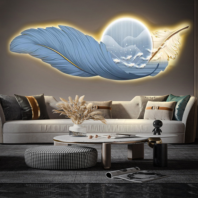 Pluma LED luminoso cuelga pintura de fondo sofá sala de estar pintura de pared escultura pintura decorativa mural de cabezal de cama moderna