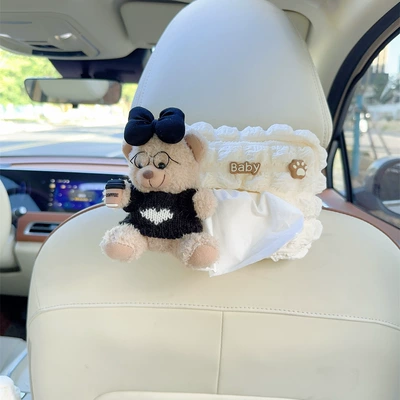 Car Multi-functional Hanging Trendy Bear Cute Paper Set Tissue Box Bag Car Inner Front and Rear Row Car Supplies (Car tissue box/set) - black-clothes-glasses-bear-puff-paper-box