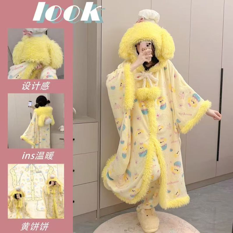 卡通可爱米奇连帽珊瑚绒睡袍加绒斗篷加厚恐龙梨家居服披肩款网红|undefined