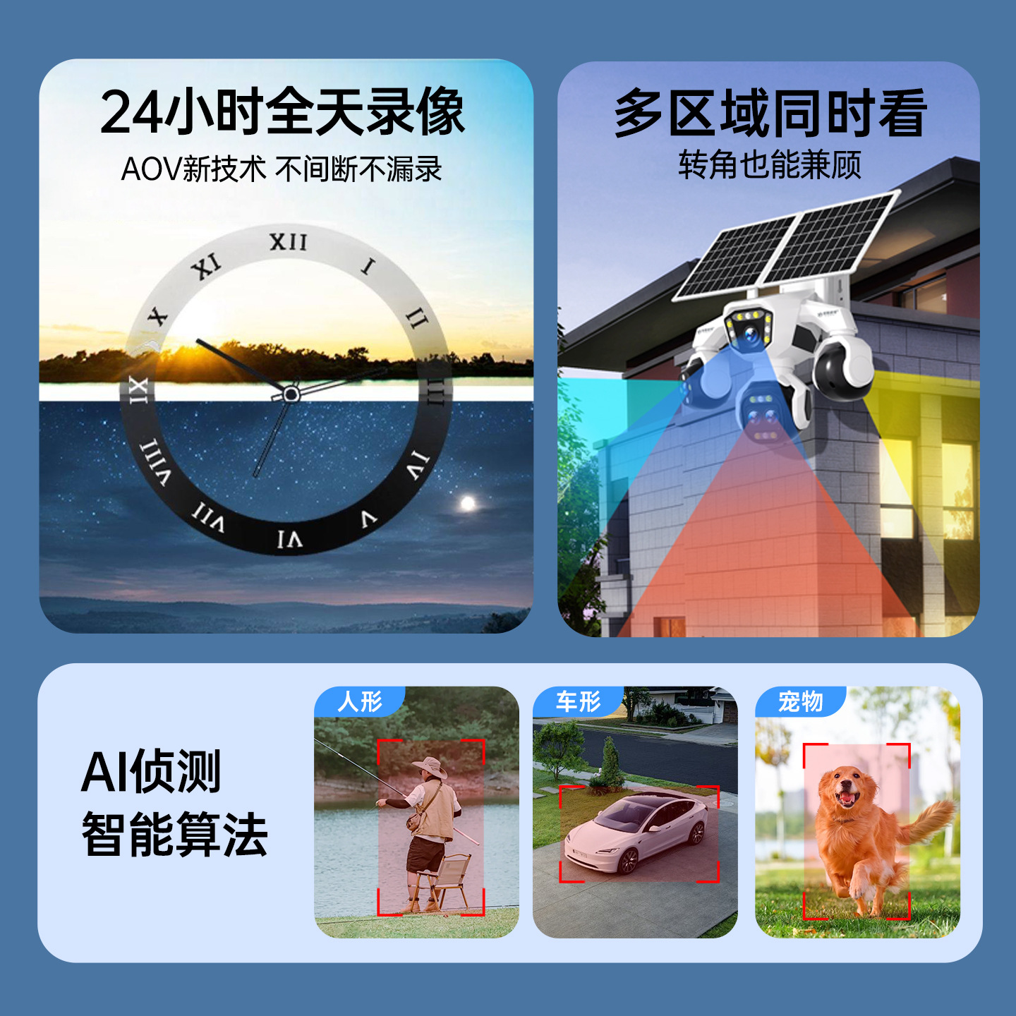 太阳能监控摄像头五镜头18倍变焦四画面360度旋转全彩夜视防水