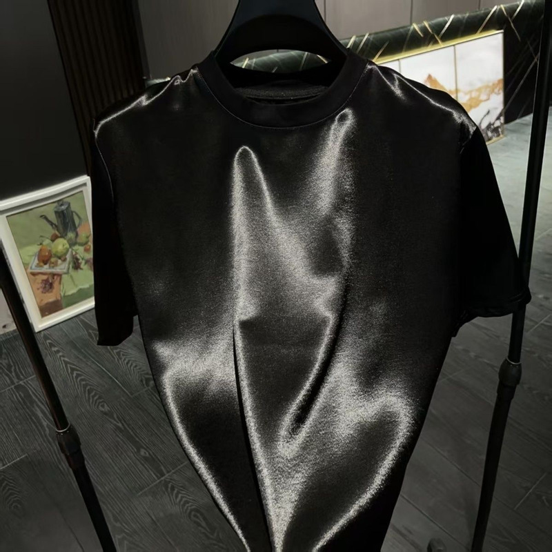 2025 新しい夏の酢酸 Tシャツ半袖メンズスリムラウンドネック幾何学ニッチインファッション韓国スタイル Tシャツ男性|undefined