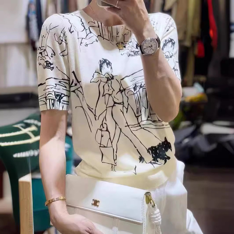 24 New worsted ultra-thin micro-transparent wool knitted short-sleeved women's niche design graffiti short shirt top coat