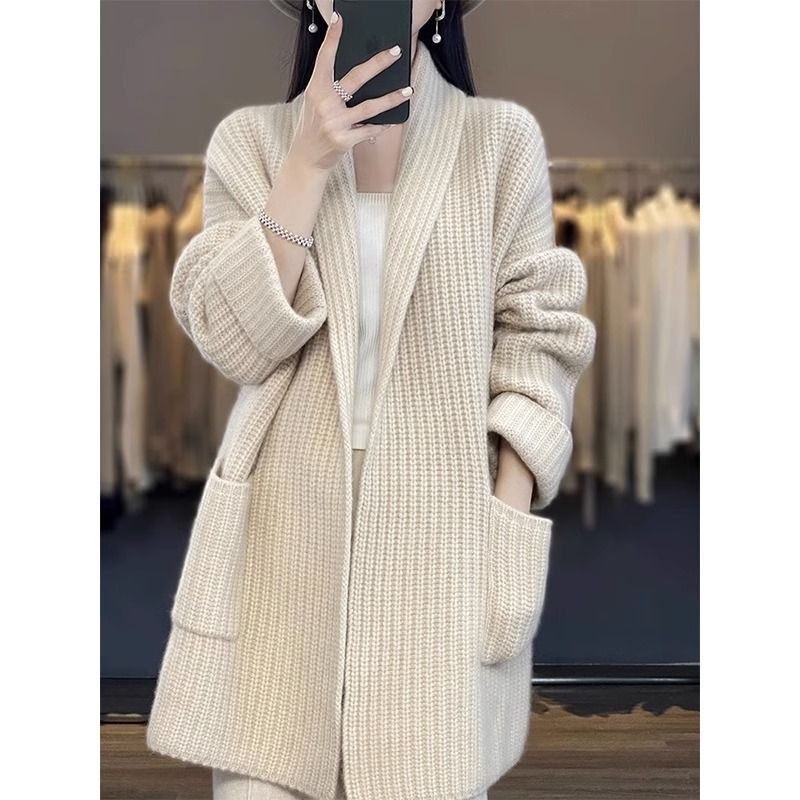 New Autumn and Winter Lazy Style Thick Line Knitted Women's Sweater Cardigan Elegant Mid-Length Loose Women's Jacket Top