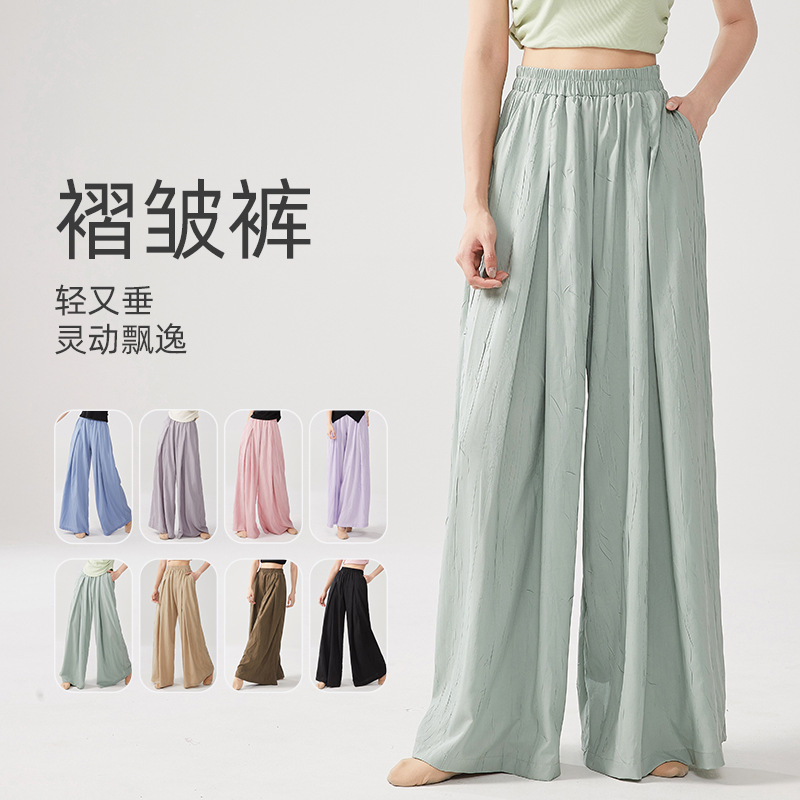Modern Dance Clothing for Women, Chinese Classical Dance Pants, Elegant Loose Straight Pants, Body Practice Pleated Wide-Leg Pants