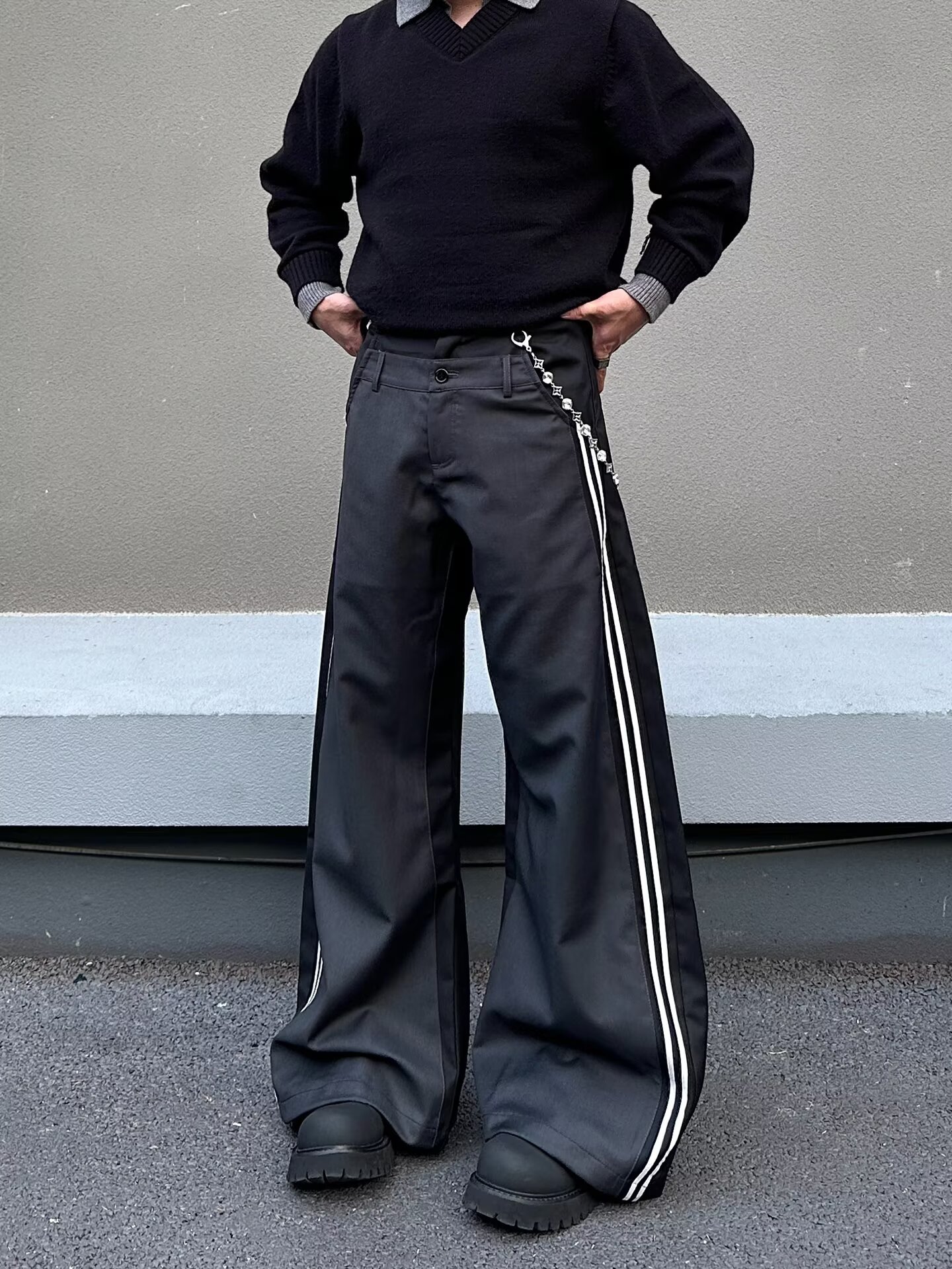 Men's Casual Pants Retro Double Waistband Spliced Curved Blade Loose Long Trousers_mkmklike.com
