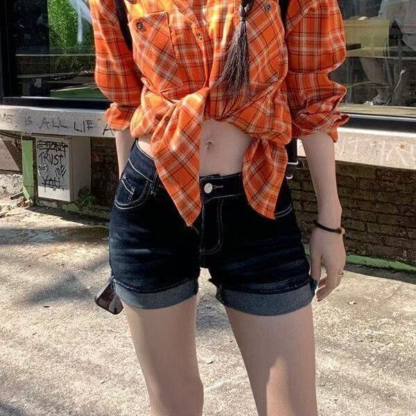 Sexy denim shorts for women, stretchy, vintage style, suitable for pear-shaped body, summer hot pants, American style, slimming, low-waisted, cuffed Sexy denim shorts for women, stretchy, vintage style, suitable for pear-shaped body, summer hot pants, American style, slimming, low-waisted, cuffed