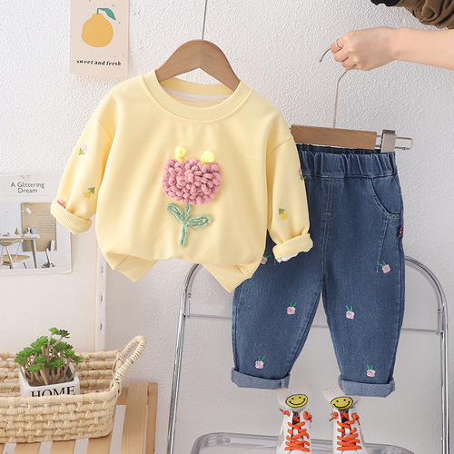 Women's Long Sleeve Set Korean Version New Spring Children's 3D Tulip Sweatshirt Stylish Little Girl Street Style Set