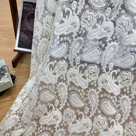 春夏欧根纱经典花型腰果花网布棉线玻璃纱平绣 网纱花边面料满幅