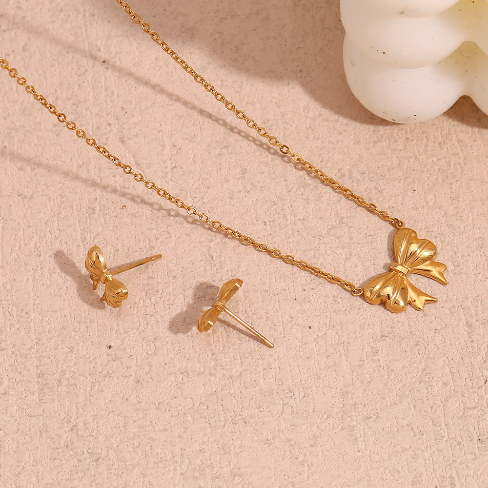 Gold Color Ribbon Bow Pendant Necklace Earrings Sets