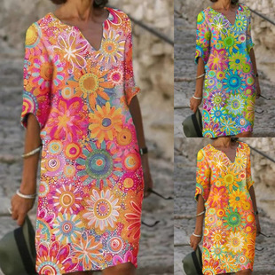 Cross-Border 2025 European and American Women's Dress, Autumn Floral Print Multi-Color Casual Short-Sleeve V-Neck Fashion Dress