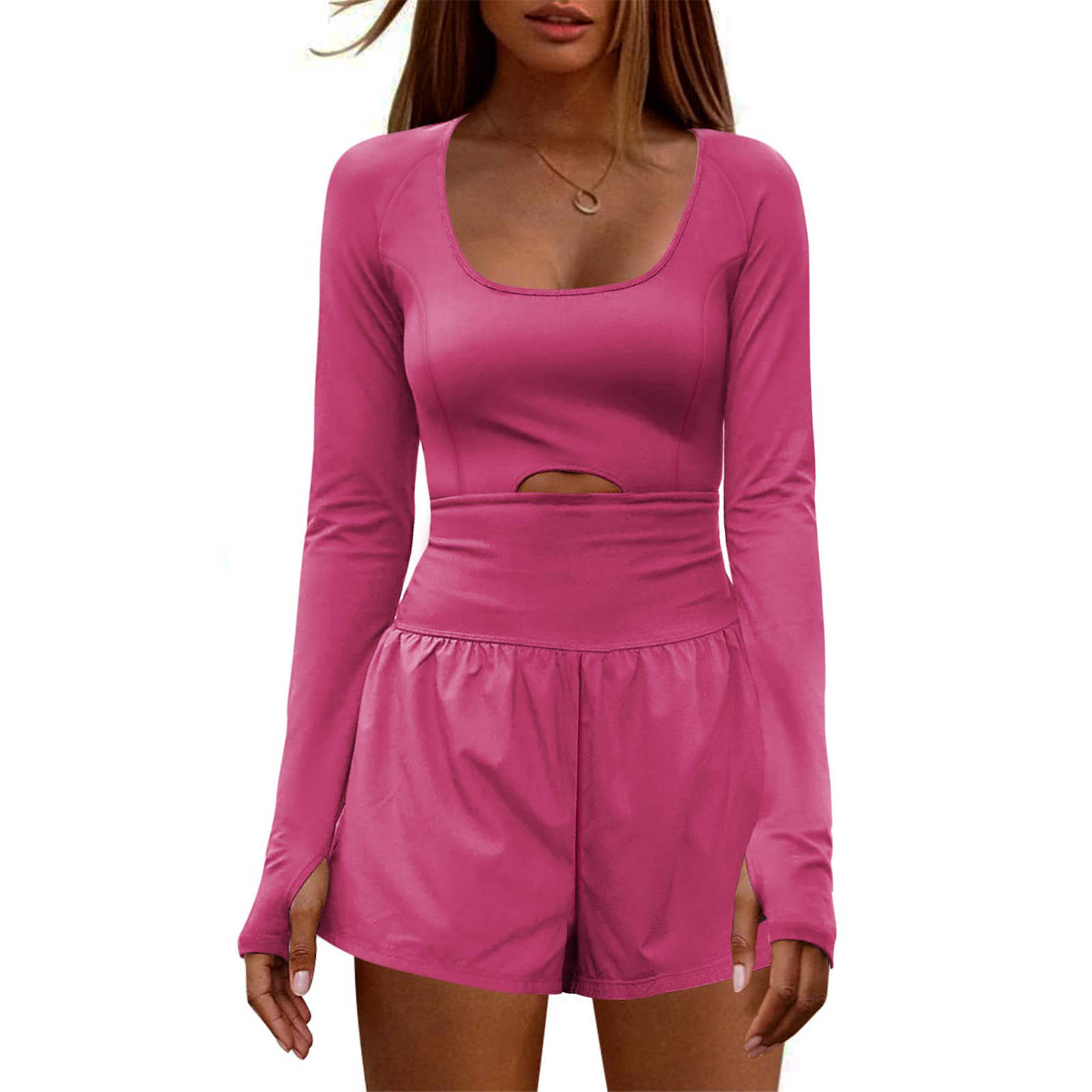 Transfronterizo europeo y americano sexy Hollow deportes ropa de mujer Amazon cintura-apretado moda manga larga al aire libre color sólido bolsillo mono
