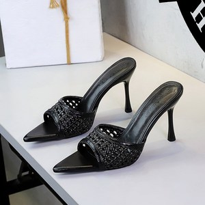 678-2 European and American super high heels, sexy slim heels, women's pointed toe, exposed toe, woven fabric, vers