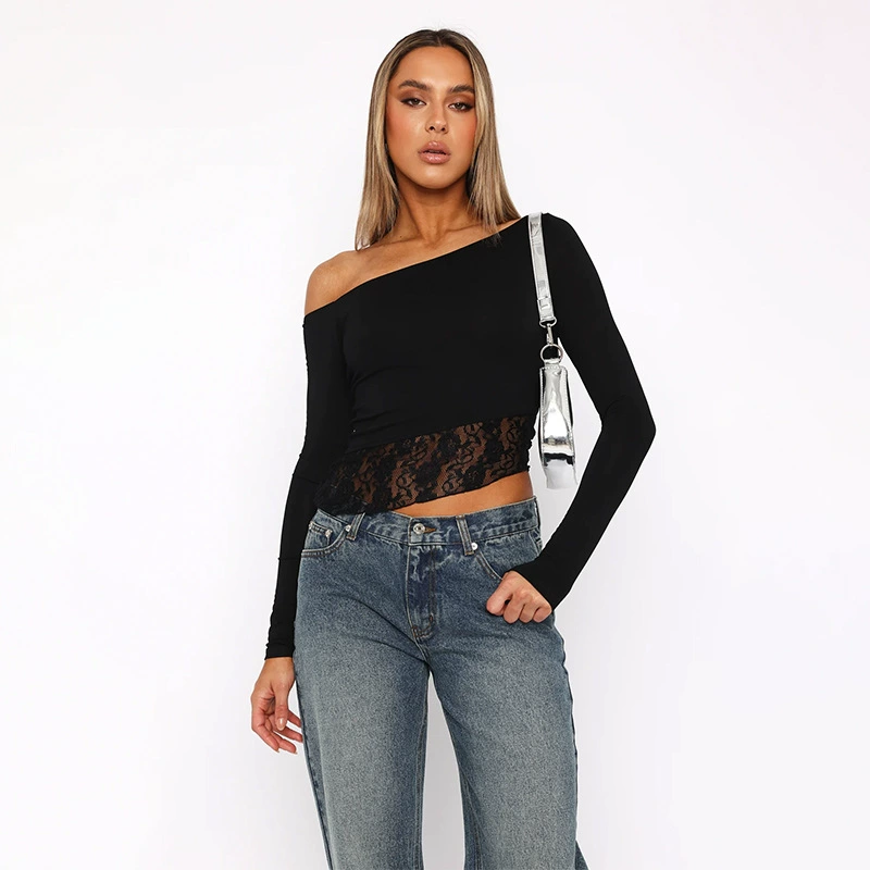 A695TP Европейская и американская внешняя торговля весной новый косый плечо с длинными рукавами сексуальный кружевной сшитый короткий пупок женская футболка топ