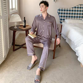 2025新款春季冰丝男士睡衣长袖长裤薄款可外穿休闲风家居服套装