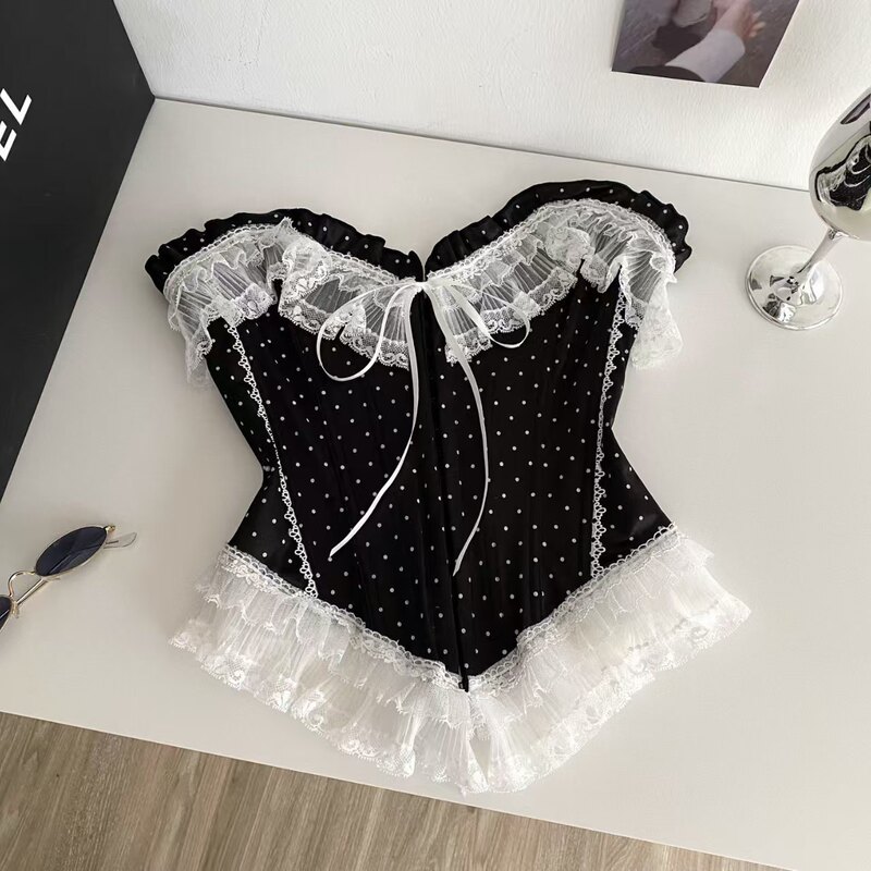 French Court-Style Top for Women, Pure Desire Hot Girl Style, Lace Trim, Sleeveless Tube Top, Slim Fit, Fishbone Polka Dot Vest French Court-Style Top for Women, Pure Desire Hot Girl Style, Lace Trim, Sleeveless Tube Top, Slim Fit, Fishbone Polka Dot Vest