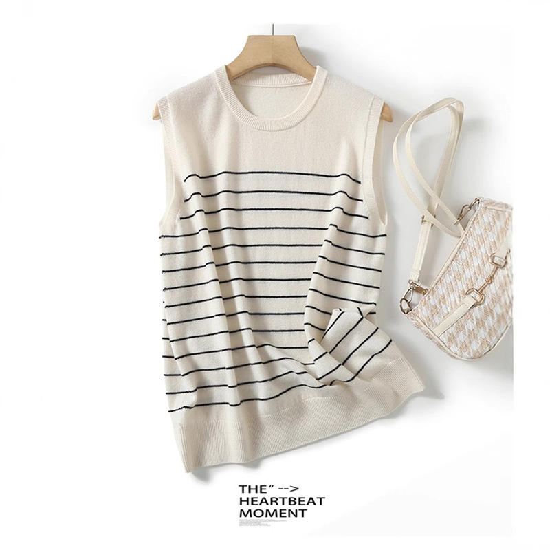 Intellectual Style Spring and Autumn New Knit Vest Essential Thin Striped Versatile Wool Sweater for Women Bn615