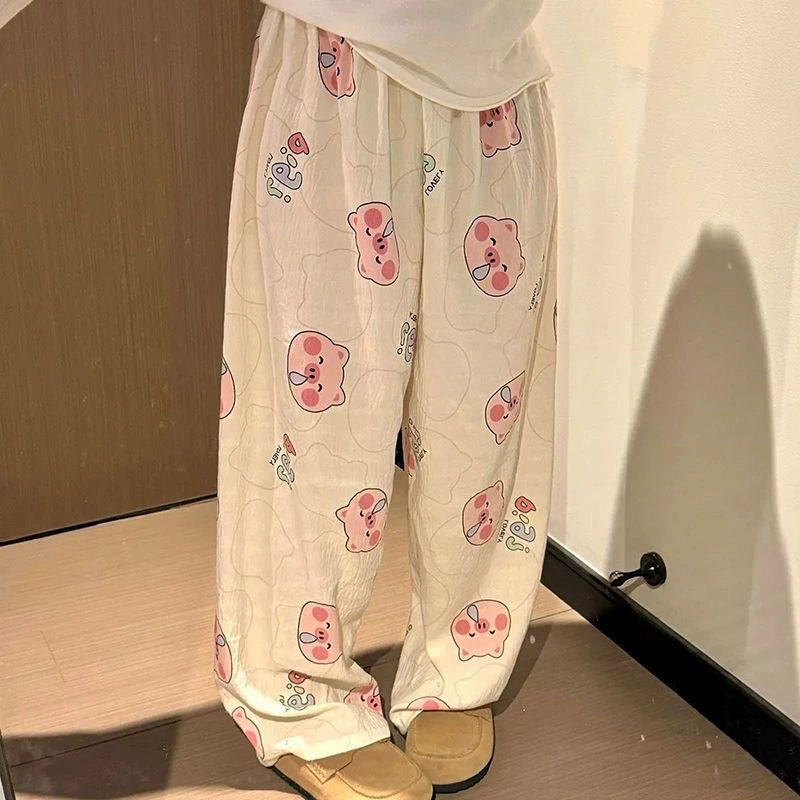 Long thin demi-season leisure trousers, loose fit, elastic waist, cute prints