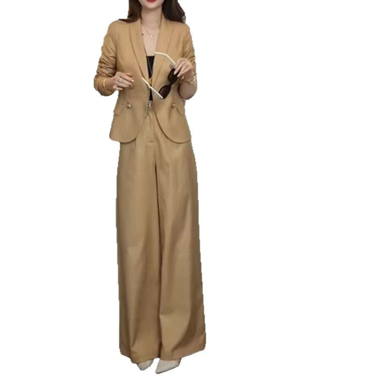 GraceChic Elegant Women's Outfit 2025 New Spring Fashion Wide-Leg Pants Two-Piece Long Sleeve Blazer Set_voghion.com