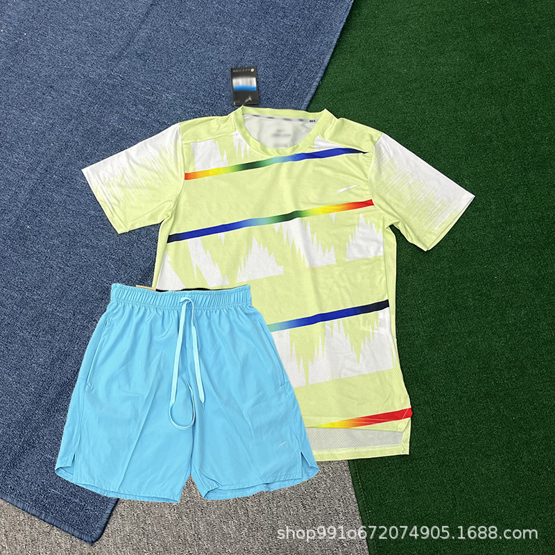 New sports training quick-dry short-sleeve shorts set for men, summer outdoor running fitness breathable elastic two-piece set