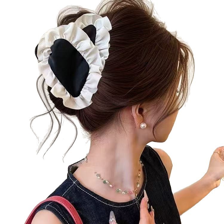 新作レトロ韓国風布製リボン三角ヘアクリップ、女性用大型ヘアクリップ、後頭部の髪量が多い方用シャーククリップ|undefined