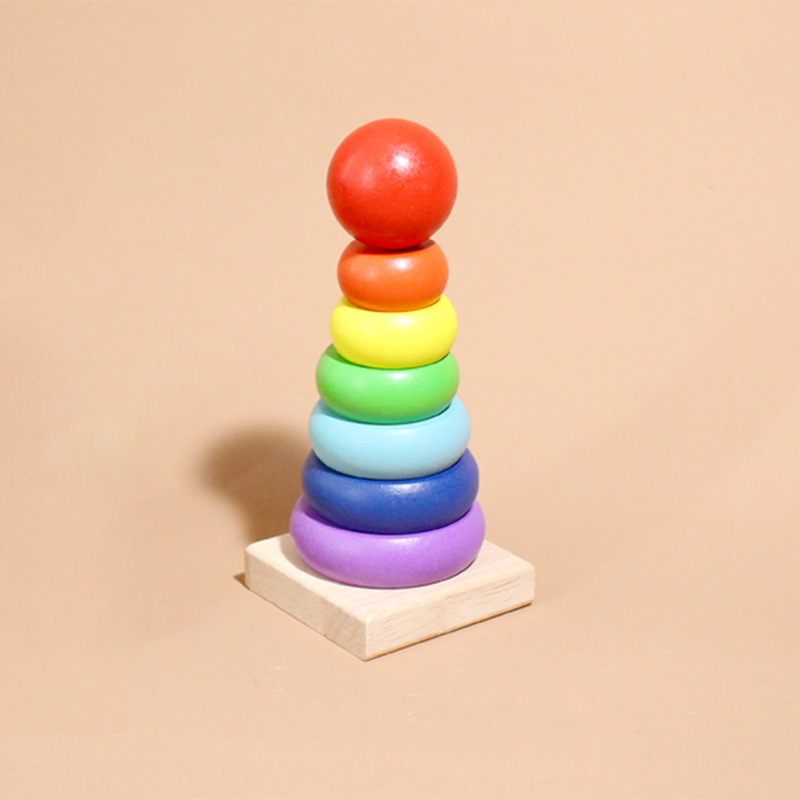 Directo de fábrica de madera de tamaño pequeño de siete capas de arco iris Torre jengle bebé anillo bloques de construcción educación temprana juguetes educativos