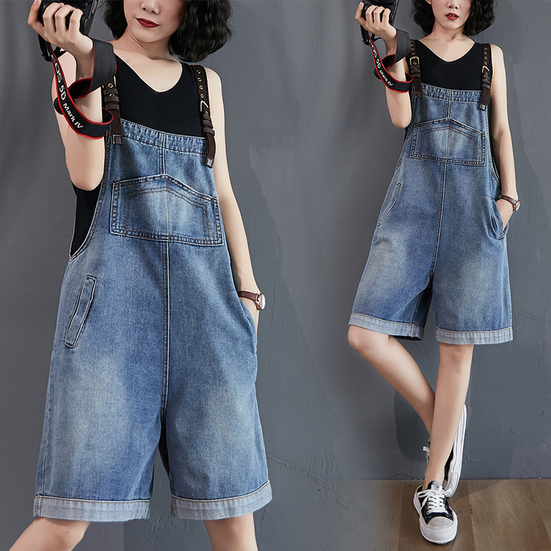 Real shot in stock# adjustable shoulder strap for fat sister Denim suspender pants price limit plus 8