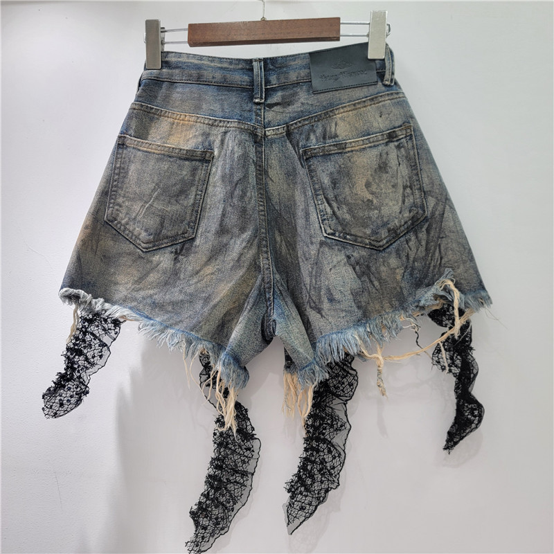 Pantalones Cortos de Mezclilla con Encaje e Impresión de Talle Alto Línea A para Verano
