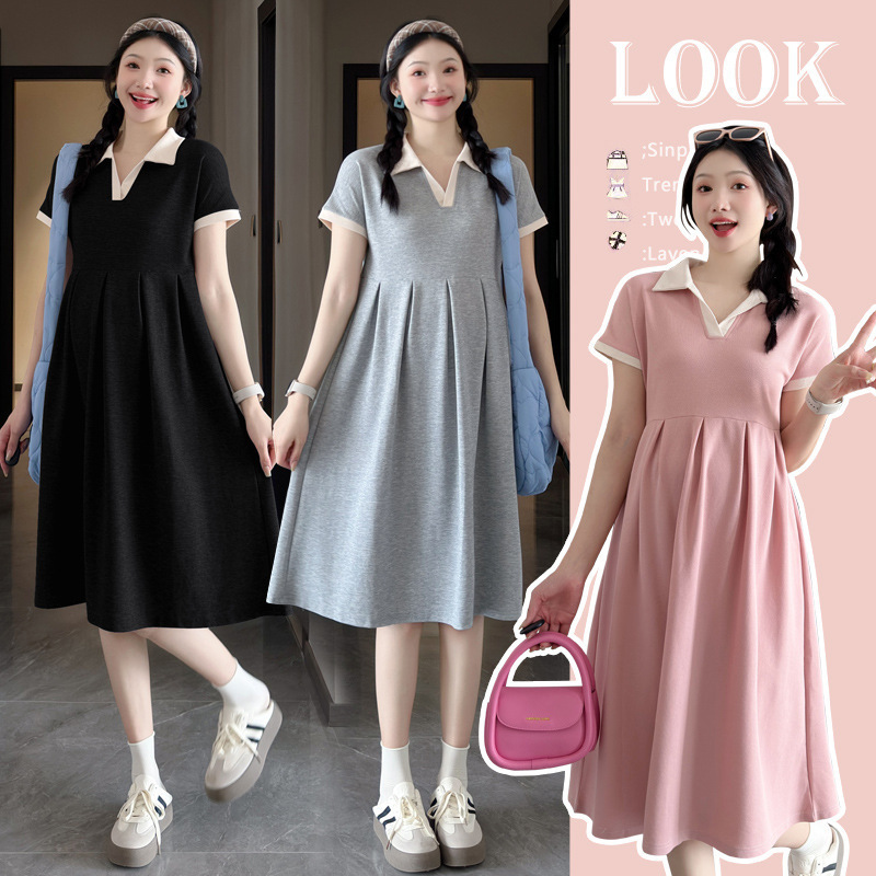 Pregnant Women Summer Pleated Loose Slimming Breathable Fashion Belly Covering Trendy Mom Summer Mid-length Pregnant Women's dress Trendy