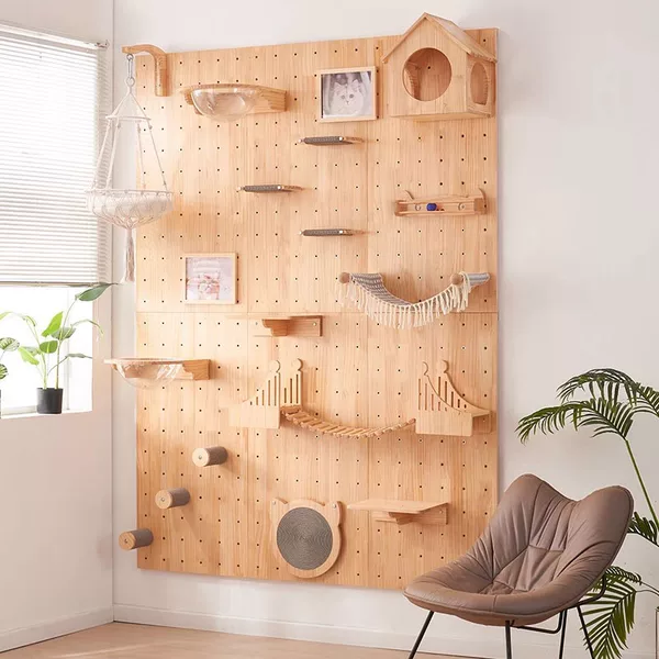 Solid Wood Cat Climbing Frame and Cat House Combo, No-Drill Installation, Space-Saving Perforated Board Cat Wall, Cat Scratching Board, Hammock