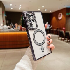 Samsung S24Uitra 透明磁気電話ケース電気メッキ TPU ラインストーン S25PLUS オールインクルーシブソフト保護カバーに適しています。