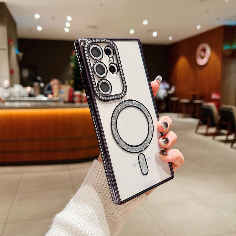 Samsung S24Uitra 透明磁気電話ケース電気メッキ TPU ラインストーン S25PLUS オールインクルーシブソフト保護カバーに適しています。|undefined