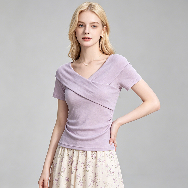 Purple Cross V-Neck Short-Sleeve T-Shirt for Women, 2026 Summer New Design, Off-Shoulder Style, Mature and Elegant Top