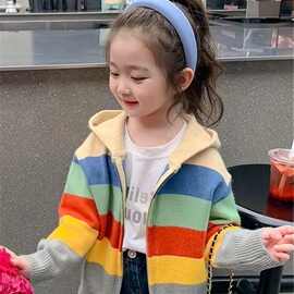 女童连帽针织开衫秋冬女宝儿童条纹毛衣外套小女孩线衣拉链外套潮