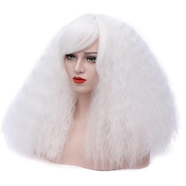 Peluca sintética Peluca de mujer con flequillo inclinado Superficie de espuma rizada Bigotes de maíz Pelo rizado largo y esponjoso Blanco Negro y dorado_voghion.com