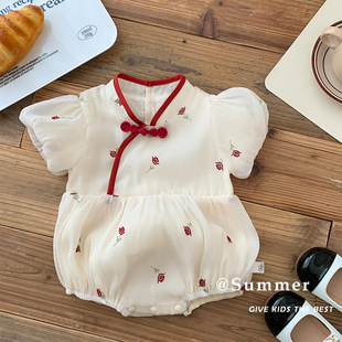 Baby Ethnic Style Wrap Suit 0-2 Years Old Summer Embroidered Jumpsuit Contrast Mesh Climbing Suit ML949