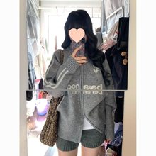 棒球风翻领拉链毛衣开衫女外套秋装新款韩版宽松针织衫